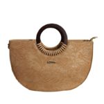 Luxury Floral Embossed Half-Moon Handbag with Round Wooden Handle