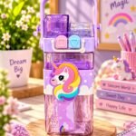 Cute Unicorn Kids Water Bottle with Handle & Strap – Purple