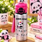 Cute Panda Kids Water Bottle with Strap – Pink & Silver