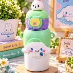 Cute Bunny & Cloud Character Kids Water Bottle – Pastel Green & White
