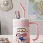 Cute Bunny Officer Kids Tumbler with Straw & Handle – Pink