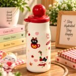 Cute Cat & Snowman Printed Water Bottle with Red Lid