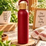 Premium Red Water Bottle with Wooden Lid & Carry Handle