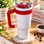 Large Capacity Insulated Travel Tumbler with Handle & Leak-Resistant Lid | Red & White