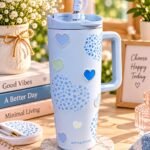 Cute Heart Design Insulated Travel Tumbler with Handle & Straw | Pastel Blue