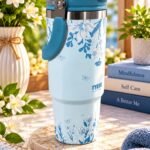 TYESO Premium Floral Insulated Travel Tumbler with Carry Handle | Sky Blue