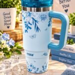 TYESO Premium Floral Insulated Travel Tumbler with Handle | Blue & White