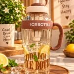 Large Transparent Ice Bottle with Handle & Straw | Brown & Clear