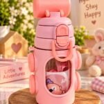 Cute Kids Pink Sipper Water Bottle with Carry Handle | Cartoon Design