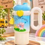 Cute Travel Kids Water Bottle with Handle & Straw | Blue & White Cartoon Design