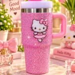 Pink Rhinestone Hello Kitty Tumbler with Handle | Sparkling Insulated Travel Cup