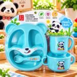 Cute Panda Kids Dinner Set – 5 Piece Baby Feeding Set | BPA Free | Blue