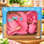 Cute Pink Baby Silicone Feeding Set – BPA Free | 6+ Months | Baby Dinnerware Gift Set