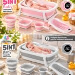 5 in 1 Baby Collapsible Bath Tub Set – Digital Temperature Display | Newborn Bathing Kit | Pink & Grey